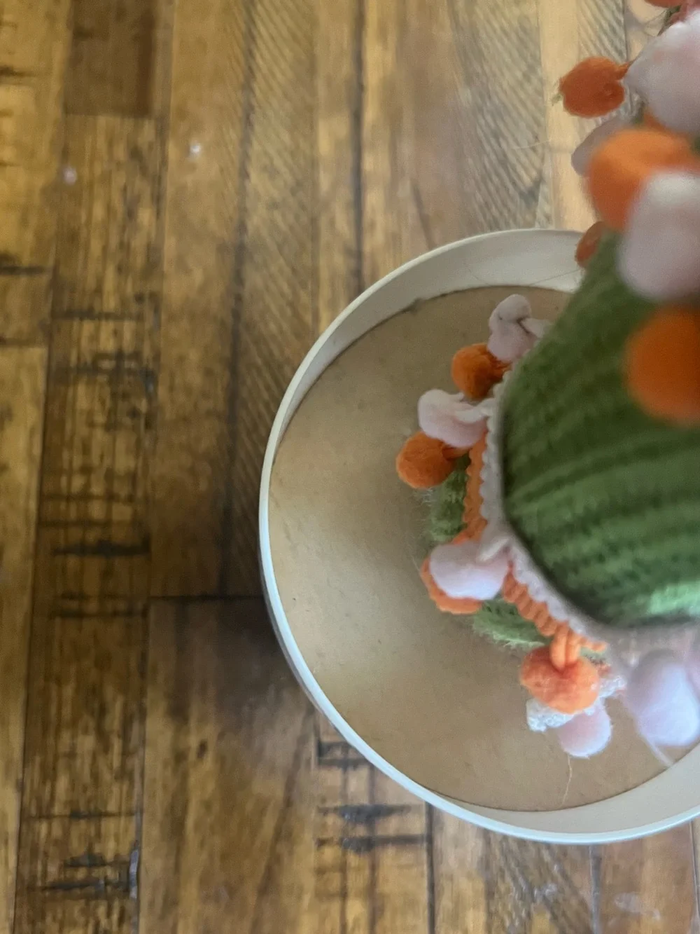 Handmade Green Knit Cactus Accent with Orange and Pink Pom-Poms